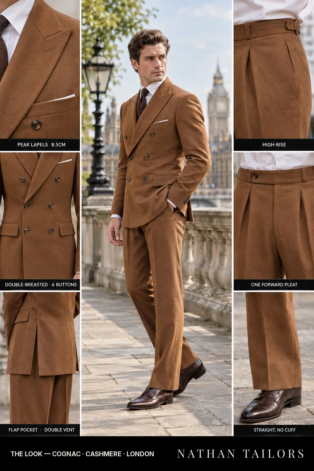 cognac double-breasted peak-lapel bespoke suit — AI-rendered by Nathan Tailors, the Hoi An custom tailor. Available as a custom tailored suit from $149.