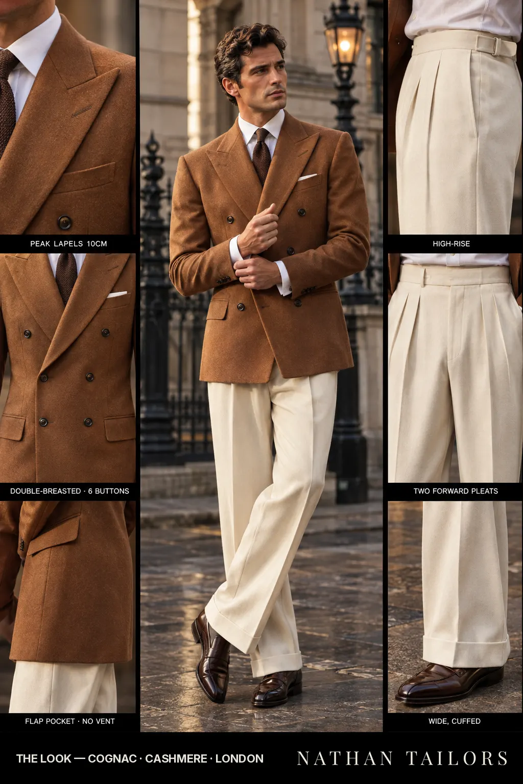 cognac double-breasted bespoke suit — custom tailored by Nathan Tailors, the Hoi An custom tailor