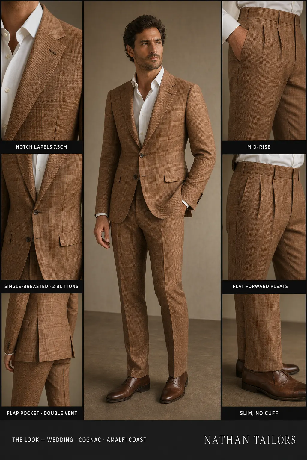 cognac glen plaid single-breasted notch-lapel bespoke suit โ AI-rendered by Nathan Tailors, the Hoi An custom tailor. Available as a custom tailored suit from $169.