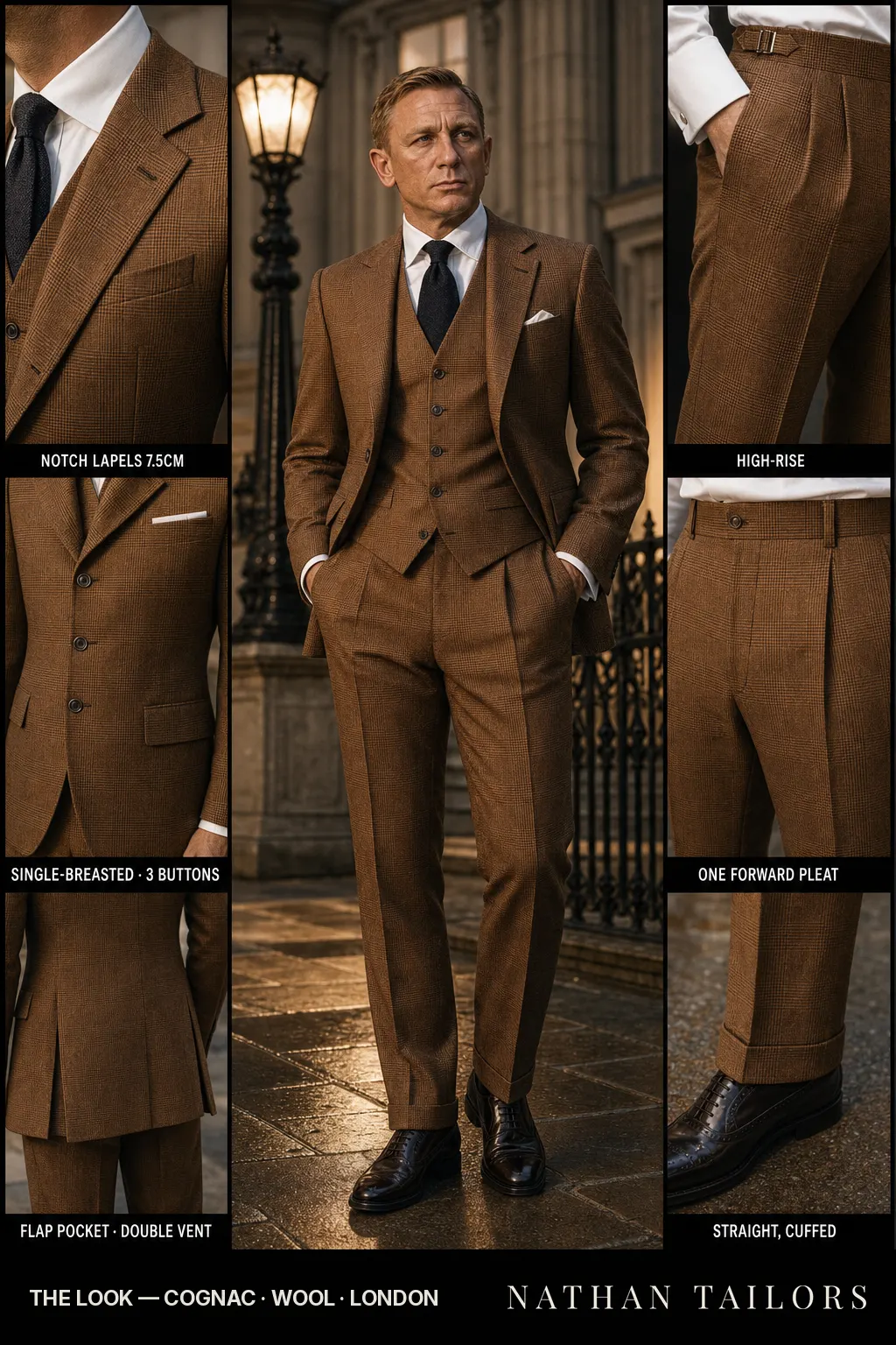 cognac glen plaid single-breasted notch-lapel bespoke suit — AI-rendered by Nathan Tailors, the Hoi An custom tailor. Available as a custom tailored suit from $149.