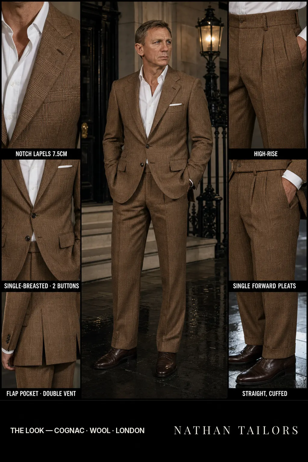 cognac glen plaid single-breasted notch-lapel bespoke suit — AI-rendered by Nathan Tailors, the Hoi An custom tailor. Available as a custom tailored suit from $149.