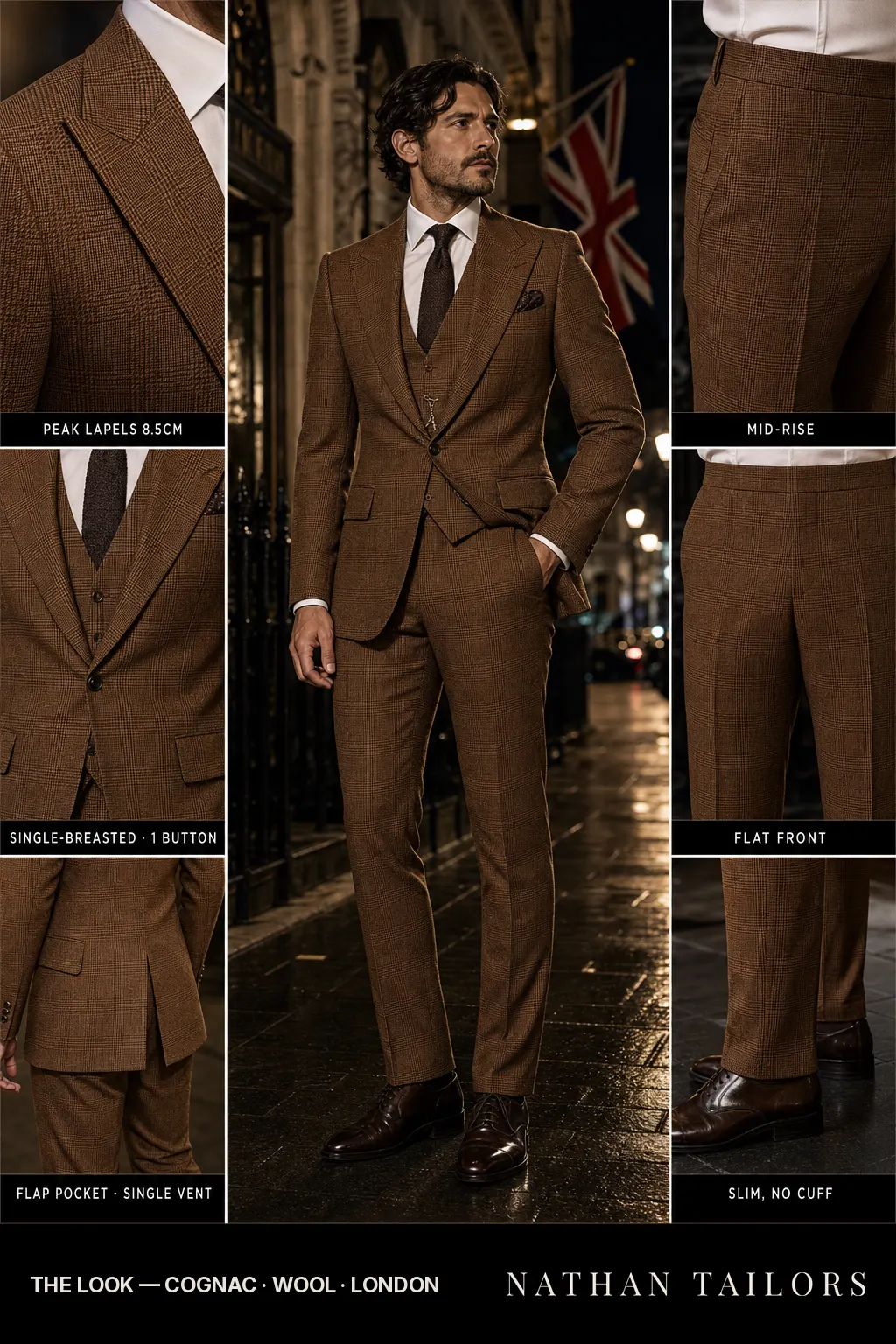 cognac glen plaid single-breasted peak-lapel bespoke suit โ AI-rendered by Nathan Tailors, the Hoi An custom tailor. Available as a custom tailored suit from $149.