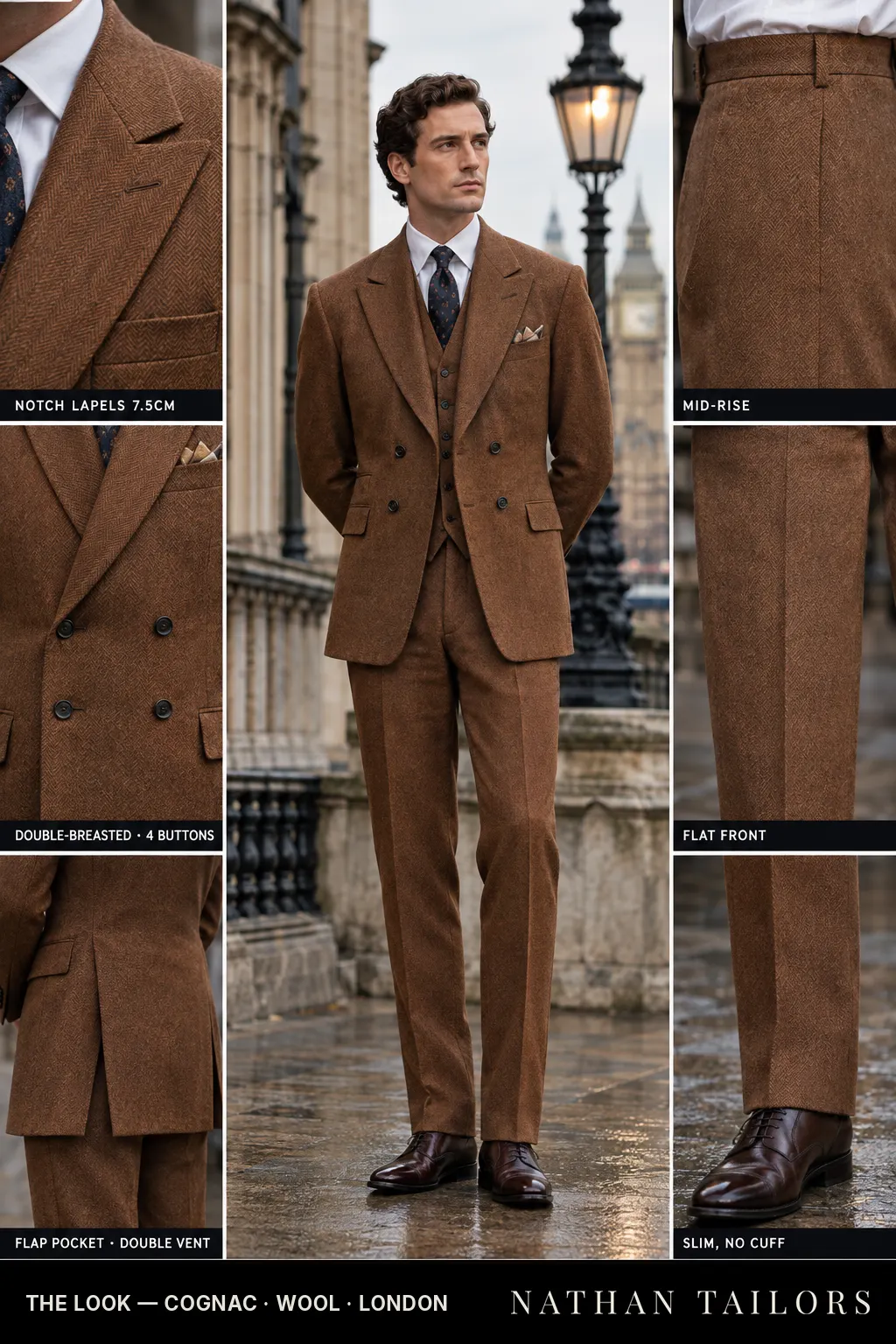 cognac herringbone double-breasted bespoke suit โ custom tailored by Nathan Tailors, the Hoi An custom tailor