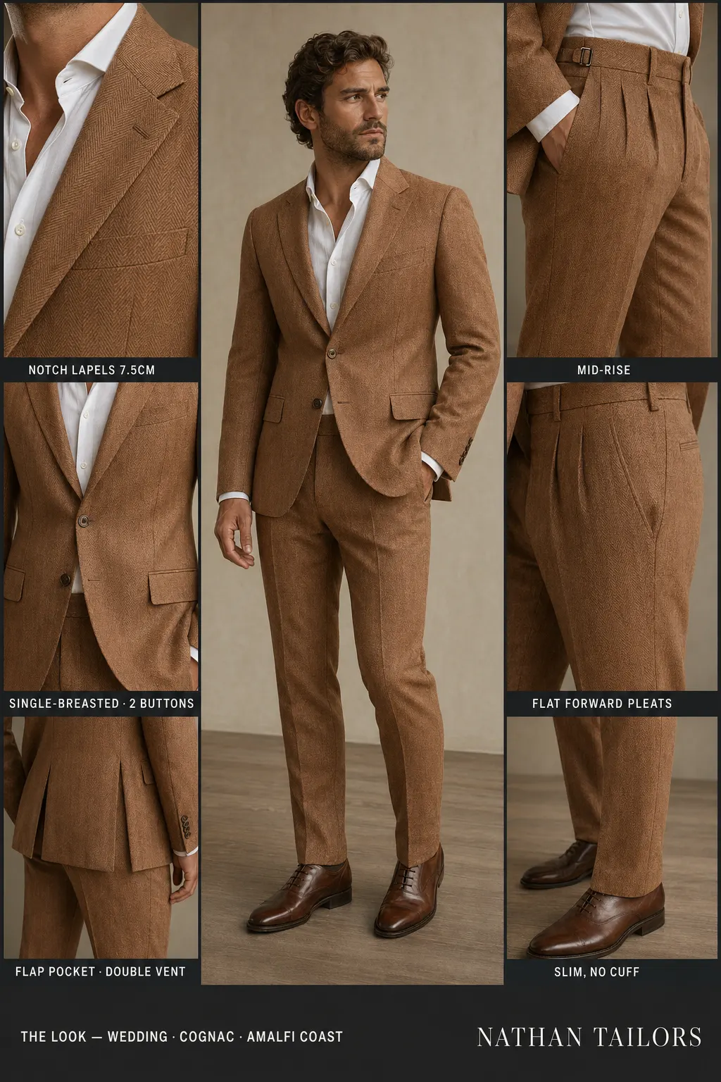 cognac herringbone single-breasted notch-lapel bespoke suit — AI-rendered by Nathan Tailors, the Hoi An custom tailor. Available as a custom tailored suit from $149.