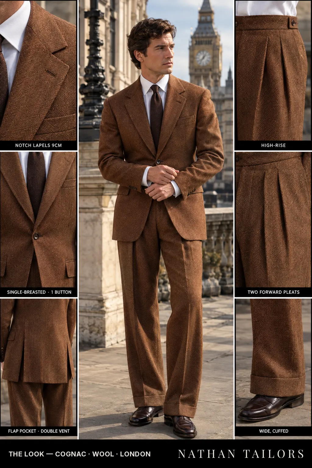 cognac herringbone single-breasted bespoke suit โ custom tailored by Nathan Tailors, the Hoi An custom tailor