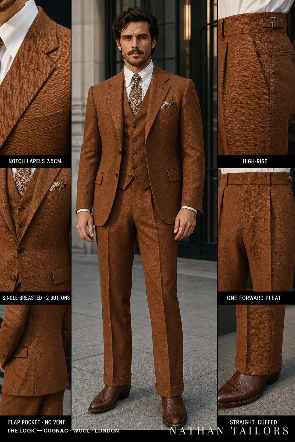 cognac herringbone single-breasted notch-lapel bespoke suit — AI-rendered by Nathan Tailors, the Hoi An custom tailor. Available as a custom tailored suit from $149.
