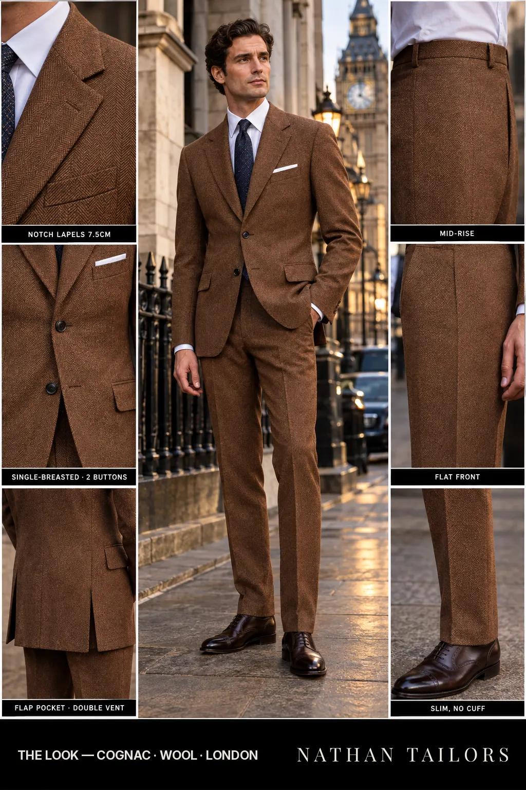 cognac herringbone single-breasted notch-lapel bespoke suit โ AI-rendered by Nathan Tailors, the Hoi An custom tailor. Available as a custom tailored suit from $149.