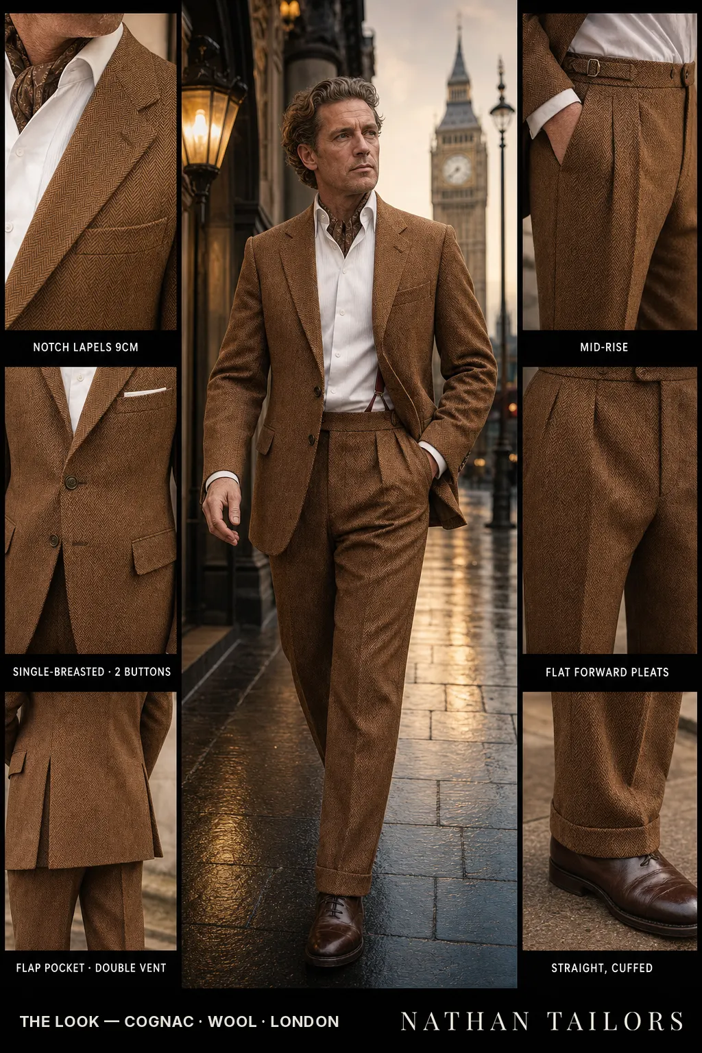 cognac herringbone single-breasted notch-lapel bespoke suit โ AI-rendered by Nathan Tailors, the Hoi An custom tailor. Available as a custom tailored suit from $149.