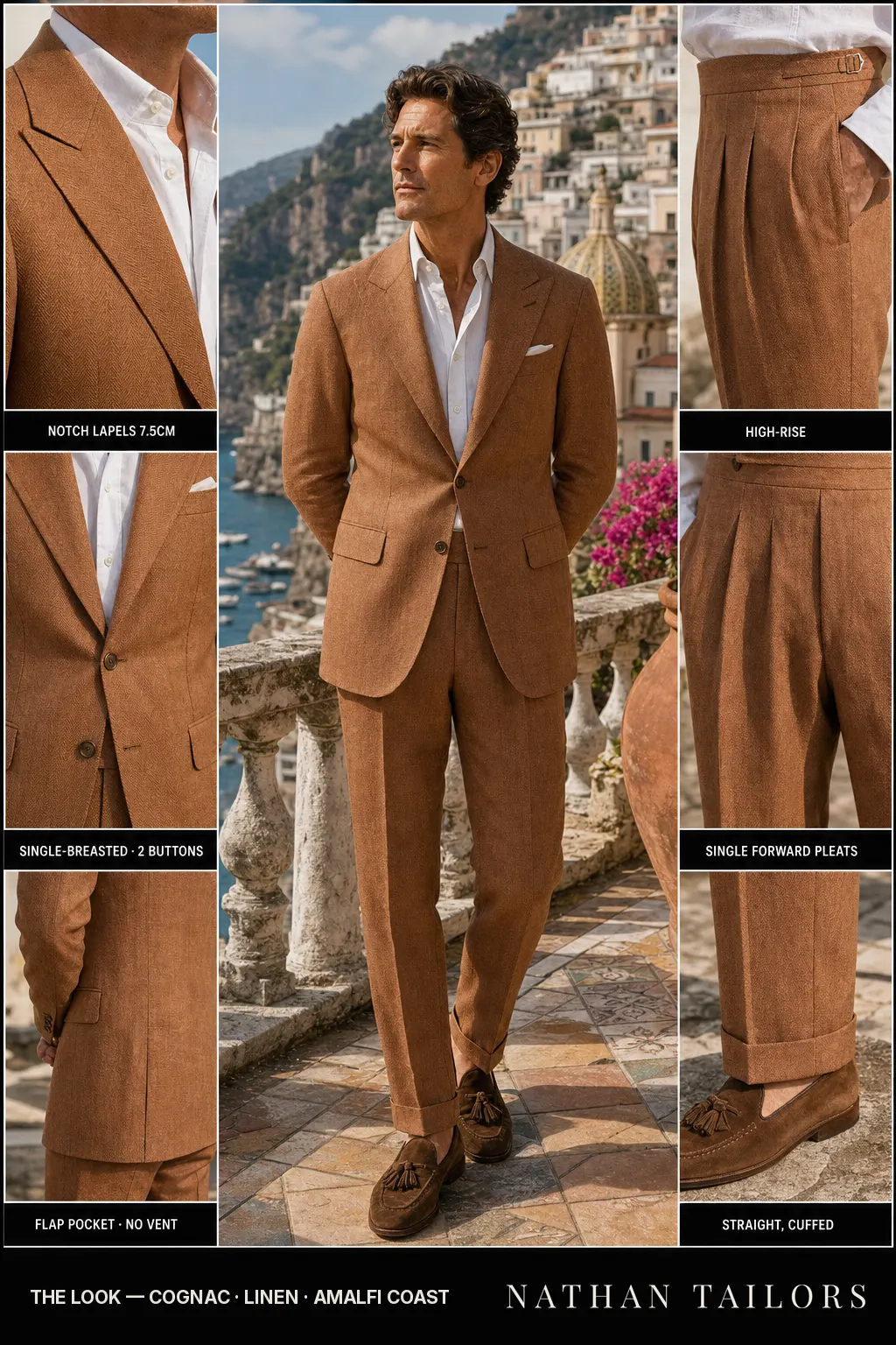 cognac herringbone single-breasted notch-lapel bespoke suit — AI-rendered by Nathan Tailors, the Hoi An custom tailor. Available as a custom tailored suit from $149.