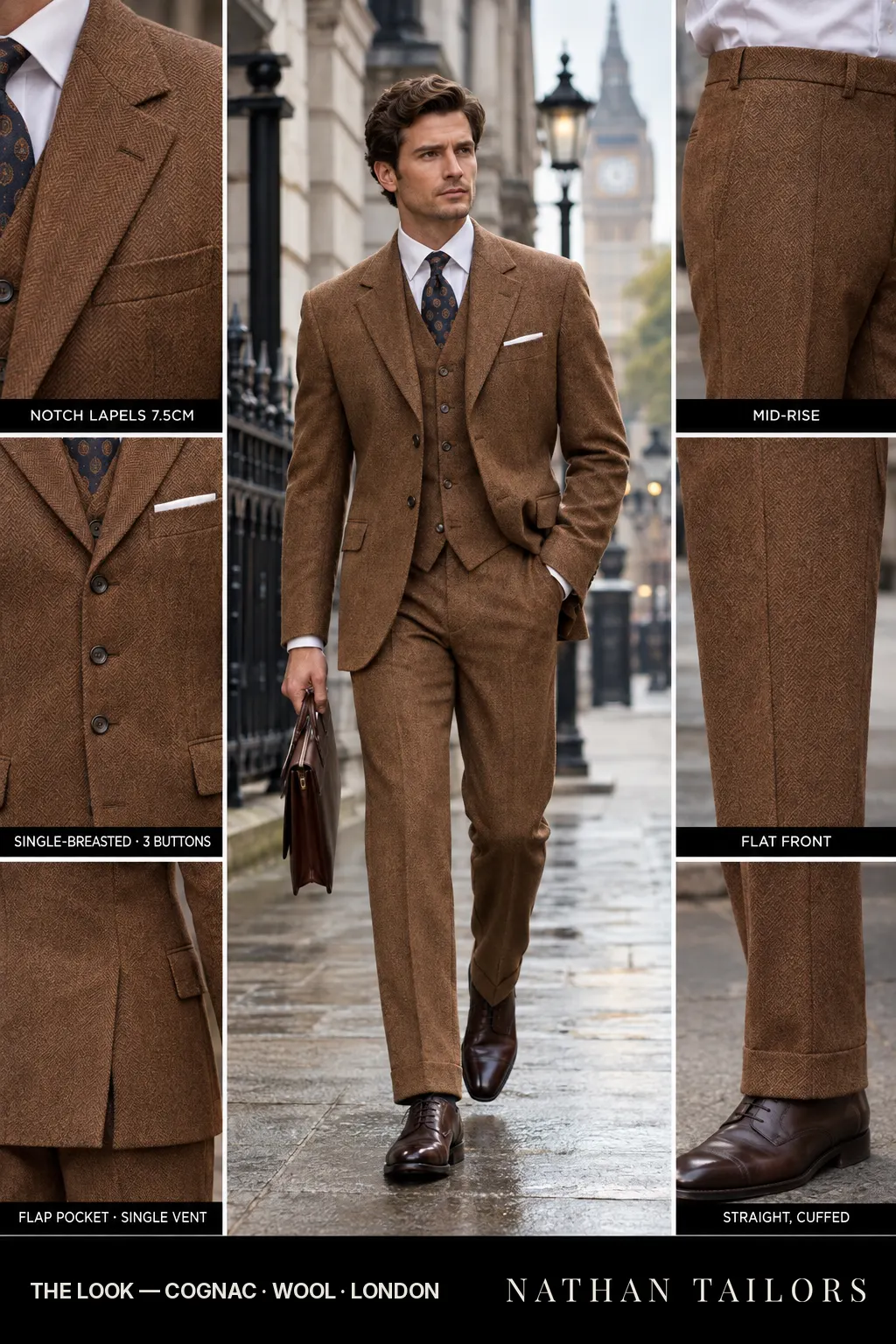 cognac herringbone single-breasted bespoke suit โ custom tailored by Nathan Tailors, the Hoi An custom tailor