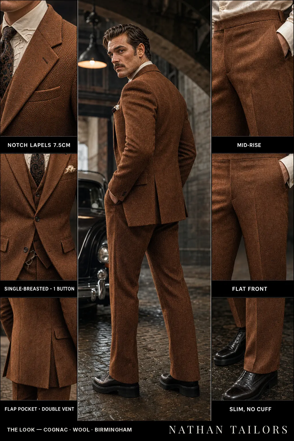 cognac herringbone single-breasted notch-lapel bespoke suit — AI-rendered by Nathan Tailors, the Hoi An custom tailor. Available as a custom tailored suit from $149.