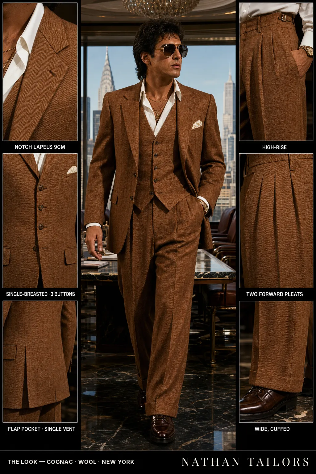 cognac herringbone single-breasted notch-lapel bespoke suit — AI-rendered by Nathan Tailors, the Hoi An custom tailor. Available as a custom tailored suit from $149.