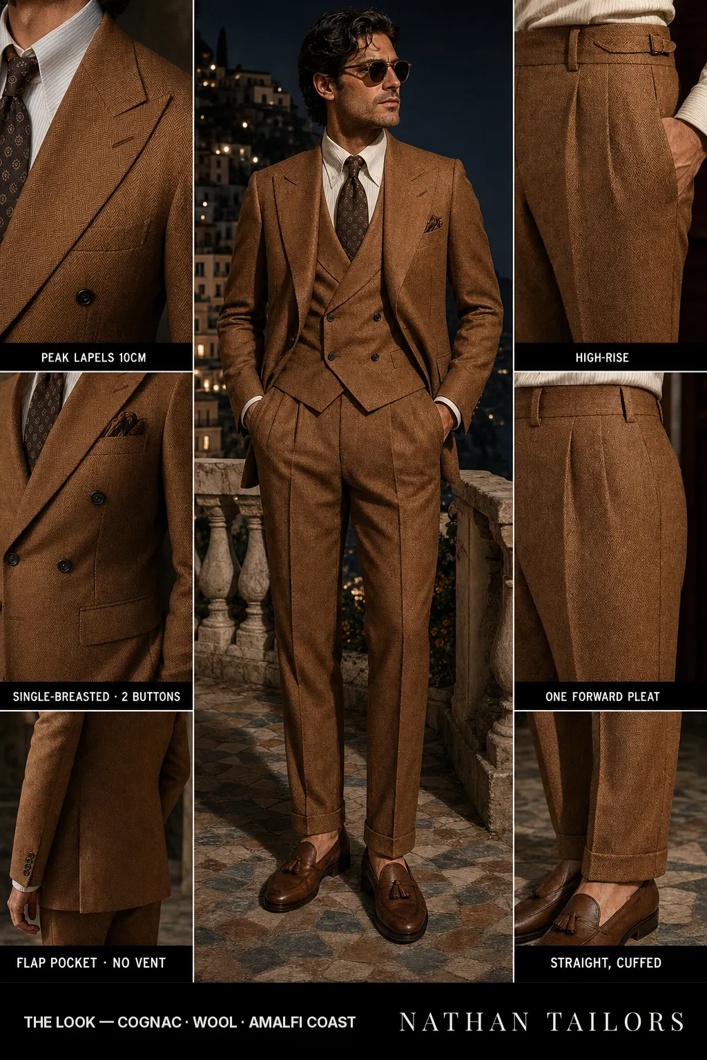 cognac herringbone single-breasted peak-lapel bespoke suit — AI-rendered by Nathan Tailors, the Hoi An custom tailor. Available as a custom tailored suit from $149.