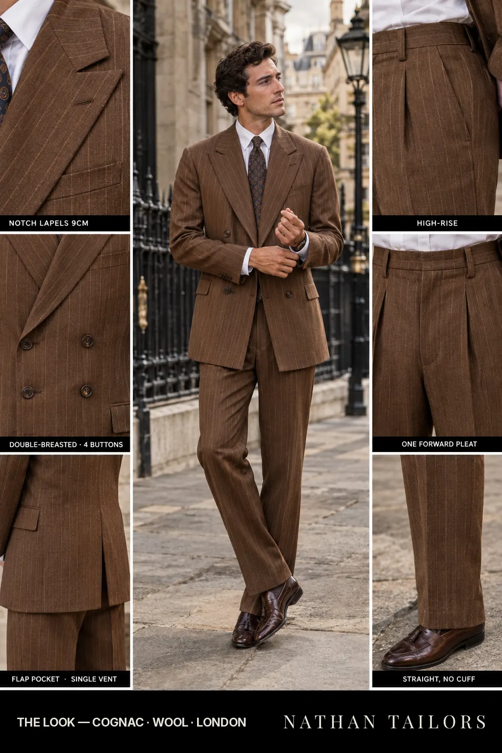 cognac pinstripe double-breasted bespoke suit โ custom tailored by Nathan Tailors, the Hoi An custom tailor