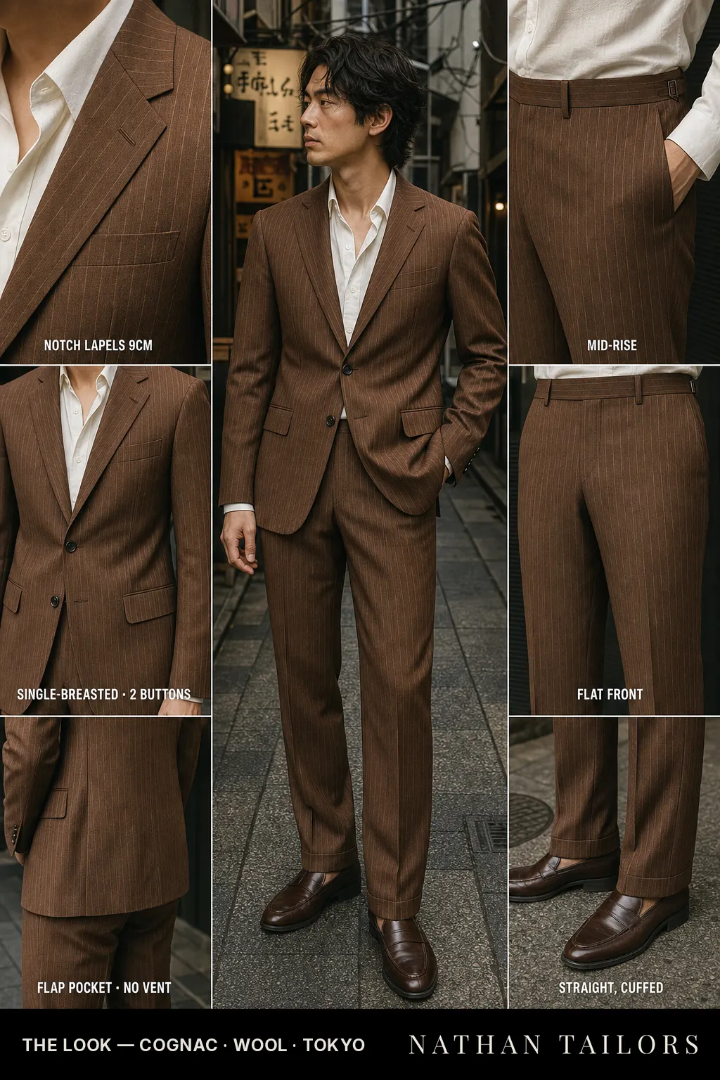 cognac pinstripe single-breasted notch-lapel bespoke suit โ AI-rendered by Nathan Tailors, the Hoi An custom tailor. Available as a custom tailored suit from $149.