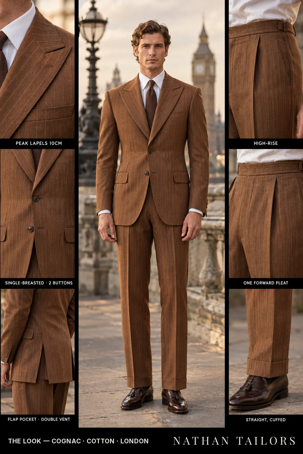 cognac pinstripe single-breasted bespoke suit — custom tailored by Nathan Tailors, the Hoi An custom tailor