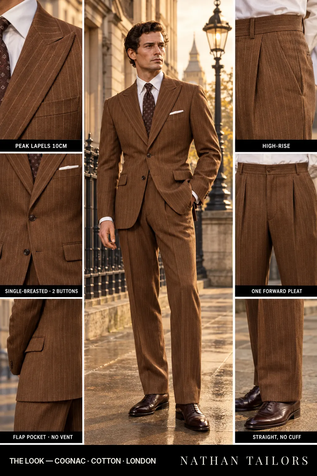 cognac pinstripe single-breasted bespoke suit — custom tailored by Nathan Tailors, the Hoi An custom tailor