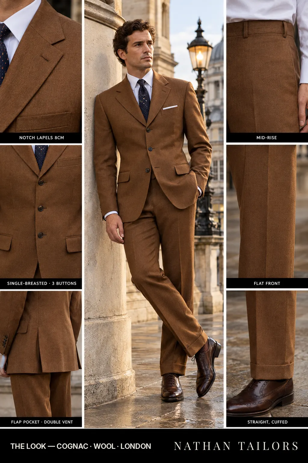 cognac single-breasted notch-lapel bespoke suit — AI-rendered by Nathan Tailors, the Hoi An custom tailor. Available as a custom tailored suit from $149.