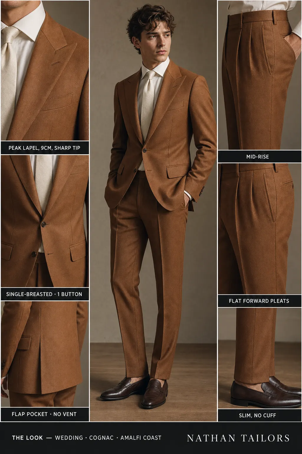 cognac single-breasted notch-lapel bespoke suit — AI-rendered by Nathan Tailors, the Hoi An custom tailor. Available as a custom tailored suit from $149.