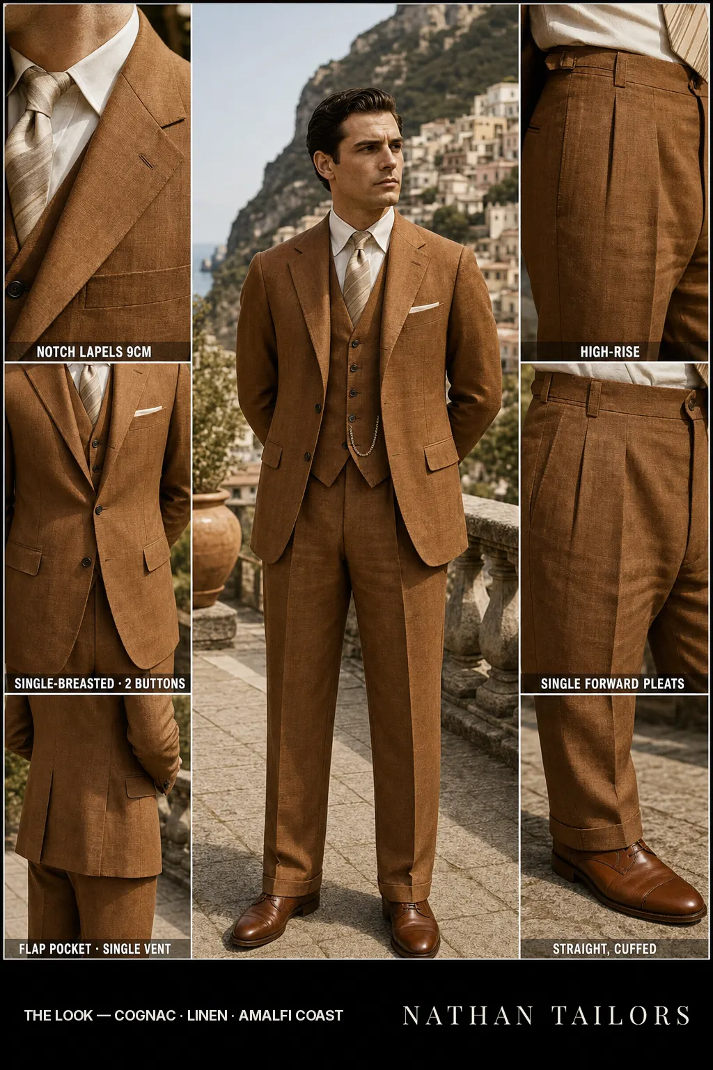 cognac single-breasted notch-lapel bespoke suit — AI-rendered by Nathan Tailors, the Hoi An custom tailor. Available as a custom tailored suit from $149.