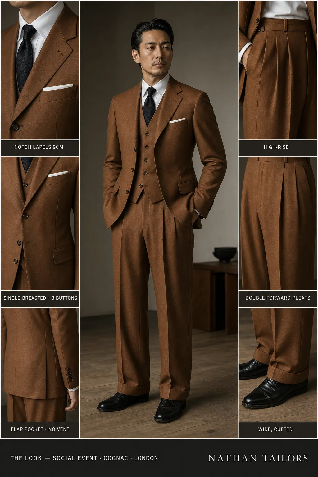 cognac single-breasted notch-lapel bespoke suit โ AI-rendered by Nathan Tailors, the Hoi An custom tailor. Available as a custom tailored suit from $149.