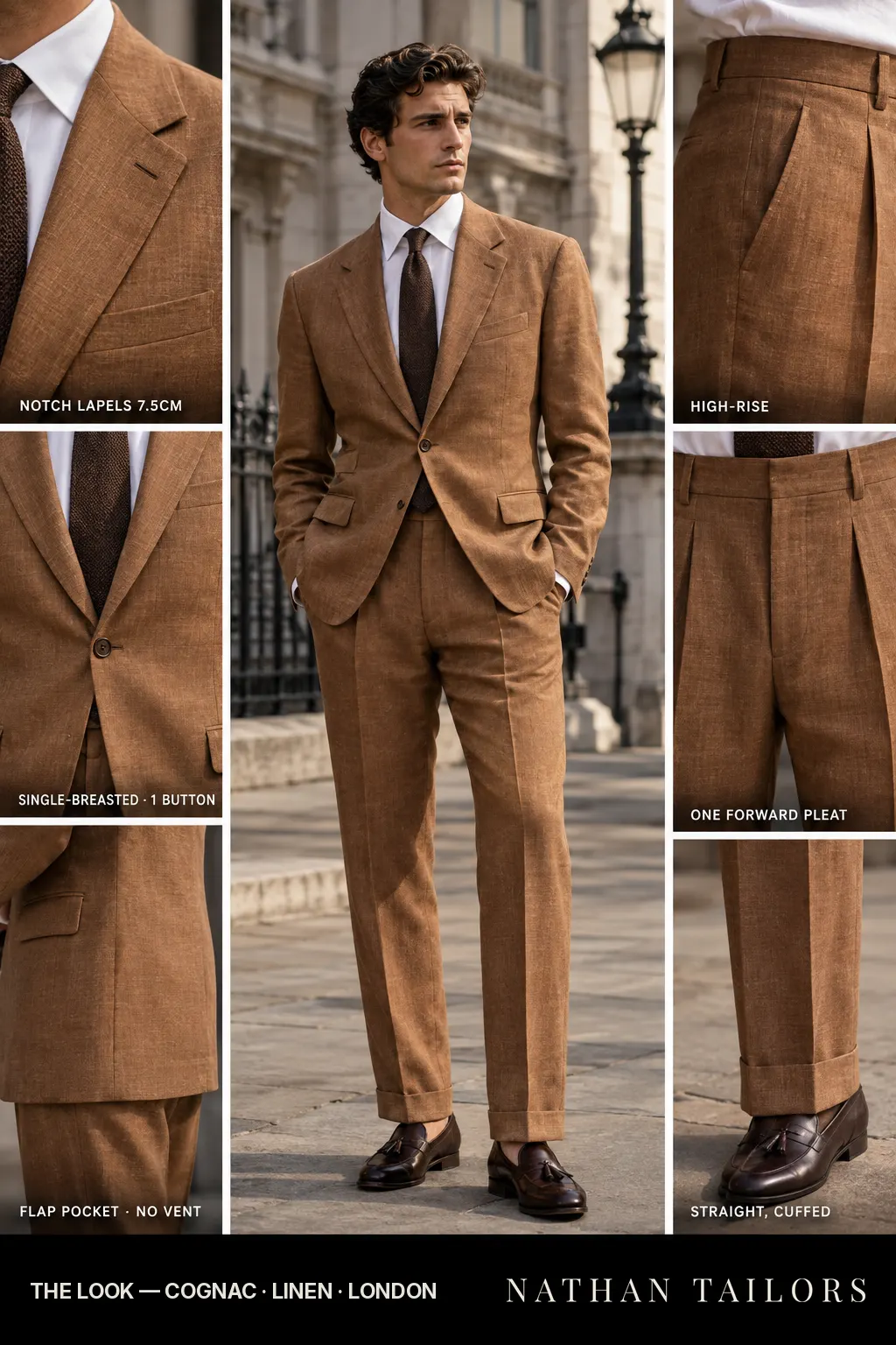 cognac single-breasted bespoke suit โ custom tailored by Nathan Tailors, the Hoi An custom tailor