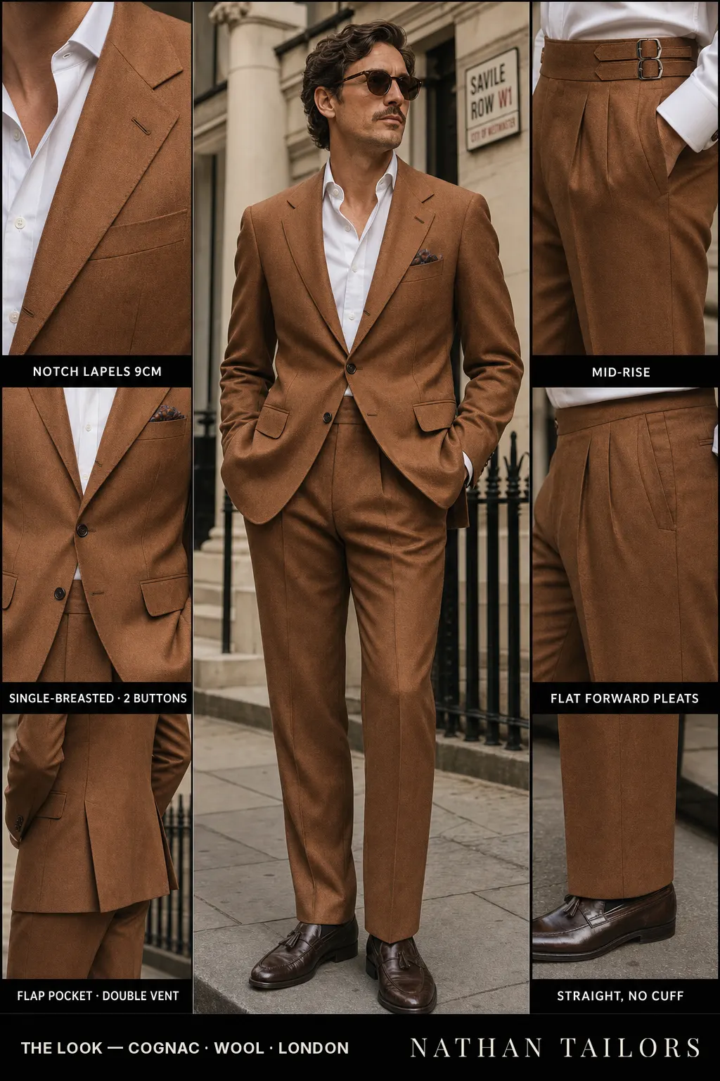 cognac single-breasted notch-lapel bespoke suit โ AI-rendered by Nathan Tailors, the Hoi An custom tailor. Available as a custom tailored suit from $149.