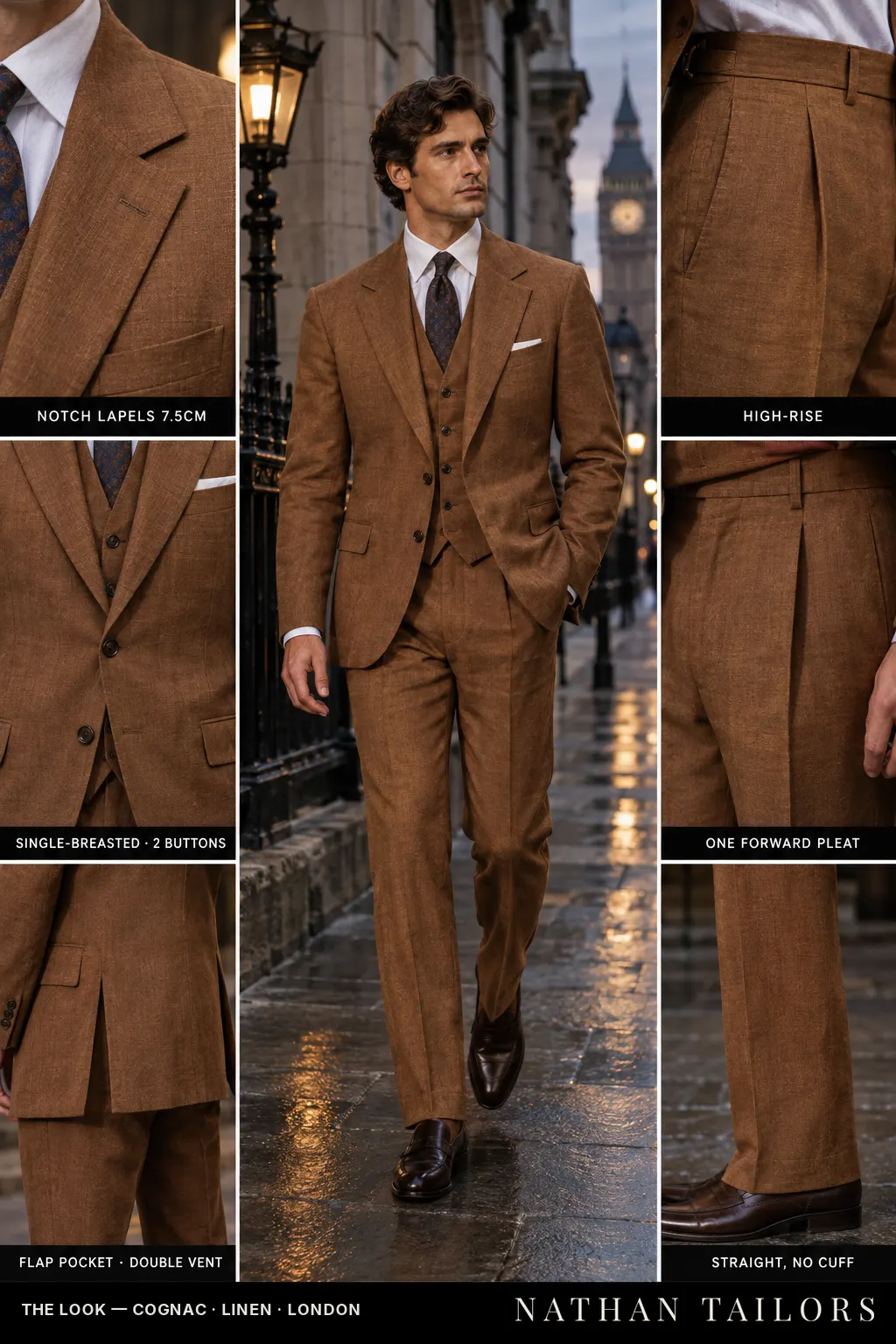 cognac single-breasted bespoke suit โ custom tailored by Nathan Tailors, the Hoi An custom tailor