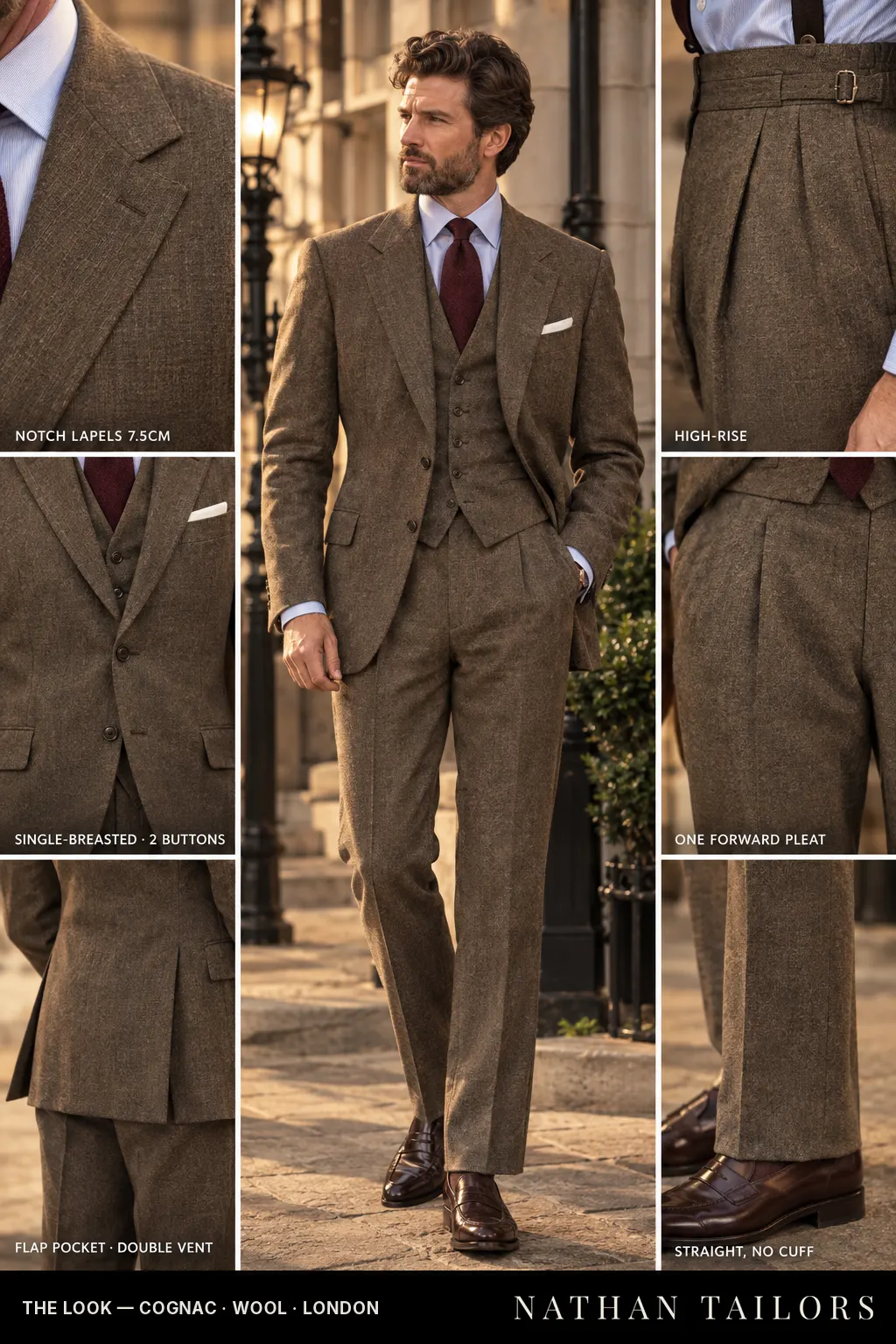 cognac single-breasted bespoke suit โ custom tailored by Nathan Tailors, the Hoi An custom tailor