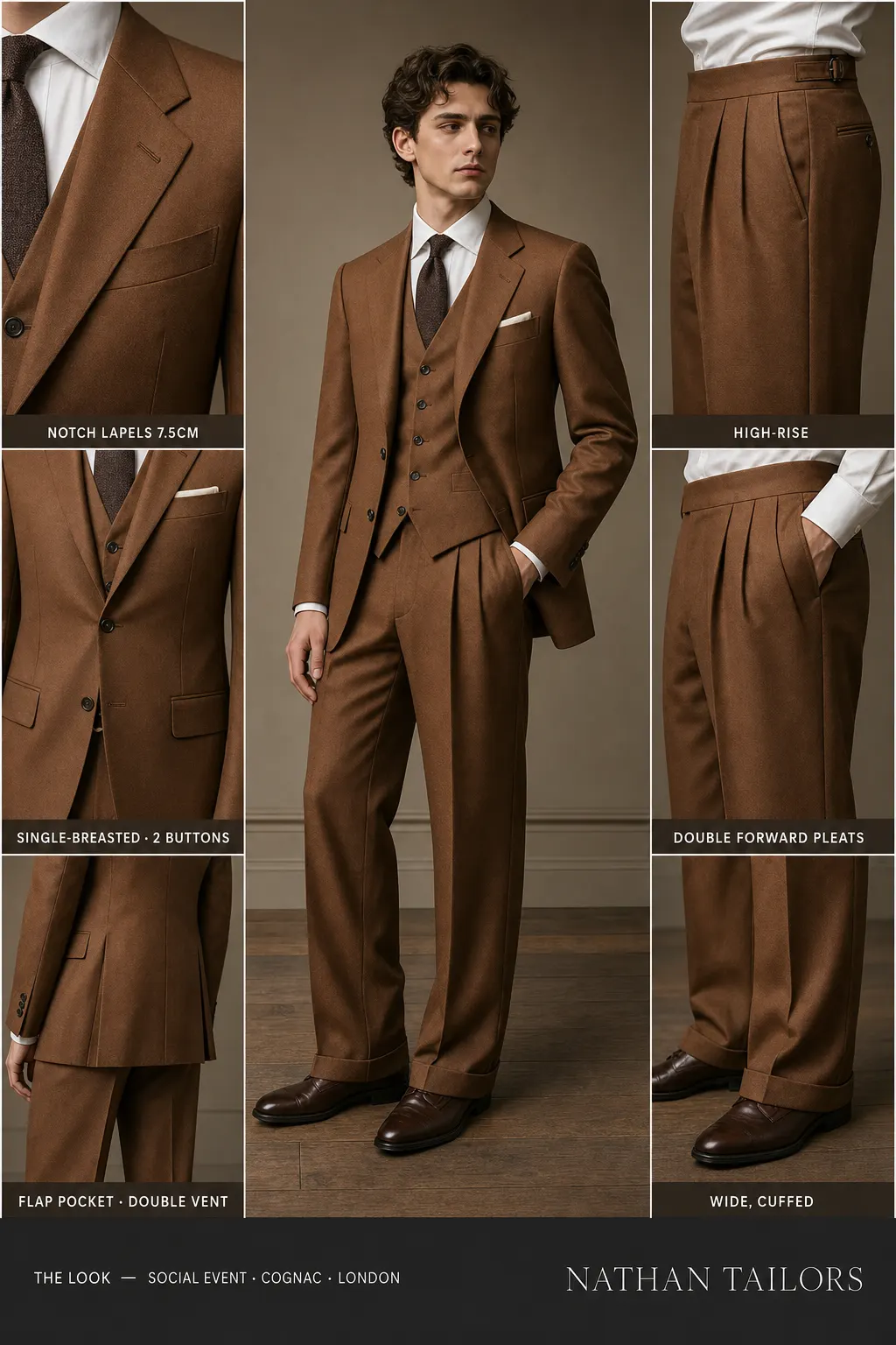 cognac single-breasted notch-lapel bespoke suit — AI-rendered by Nathan Tailors, the Hoi An custom tailor. Available as a custom tailored suit from $149.