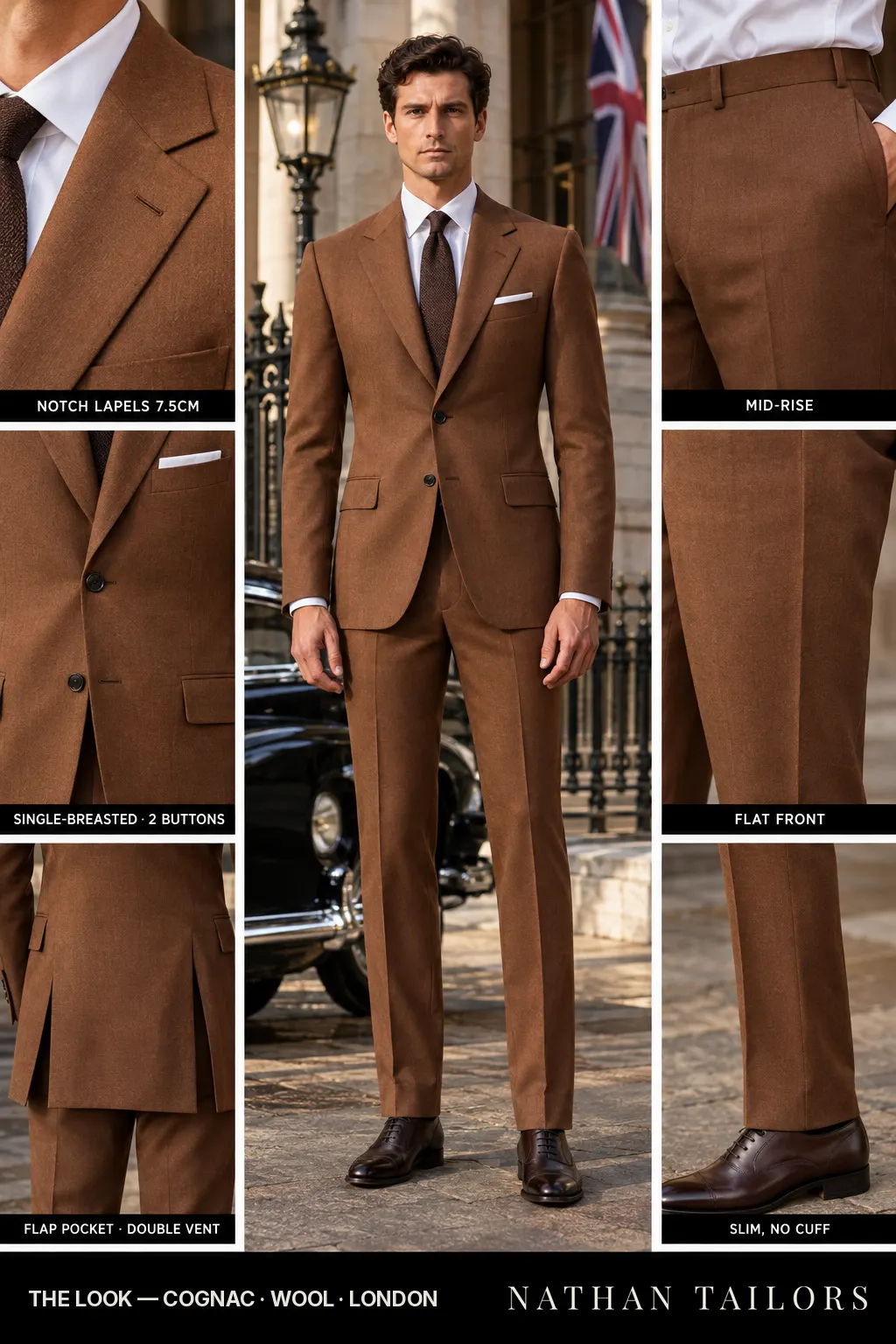 cognac single-breasted bespoke suit โ custom tailored by Nathan Tailors, the Hoi An custom tailor