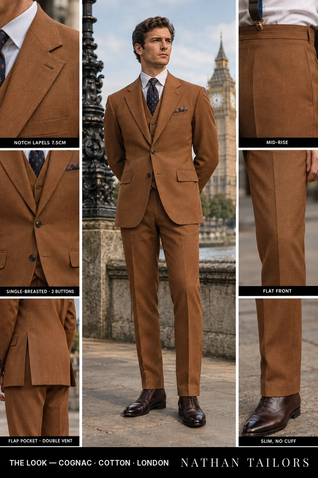 cognac single-breasted bespoke suit — custom tailored by Nathan Tailors, the Hoi An custom tailor