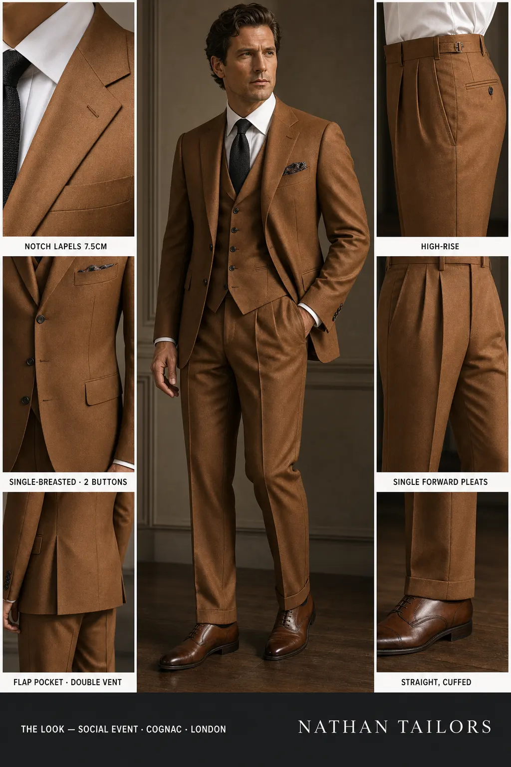 cognac single-breasted notch-lapel bespoke suit โ AI-rendered by Nathan Tailors, the Hoi An custom tailor. Available as a custom tailored suit from $149.