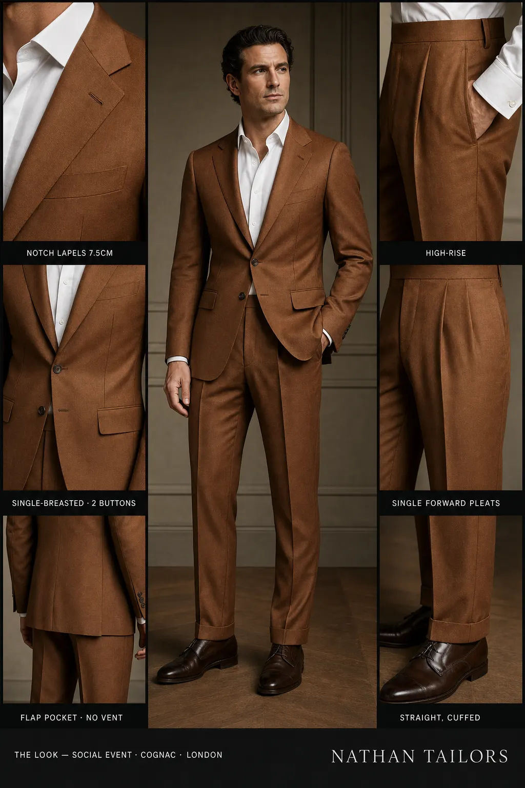 cognac single-breasted notch-lapel bespoke suit โ AI-rendered by Nathan Tailors, the Hoi An custom tailor. Available as a custom tailored suit from $149.