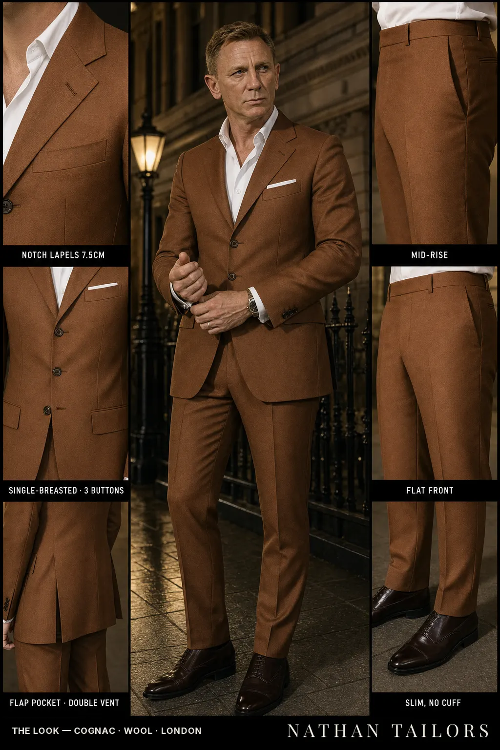 cognac single-breasted notch-lapel bespoke suit — AI-rendered by Nathan Tailors, the Hoi An custom tailor. Available as a custom tailored suit from $149.