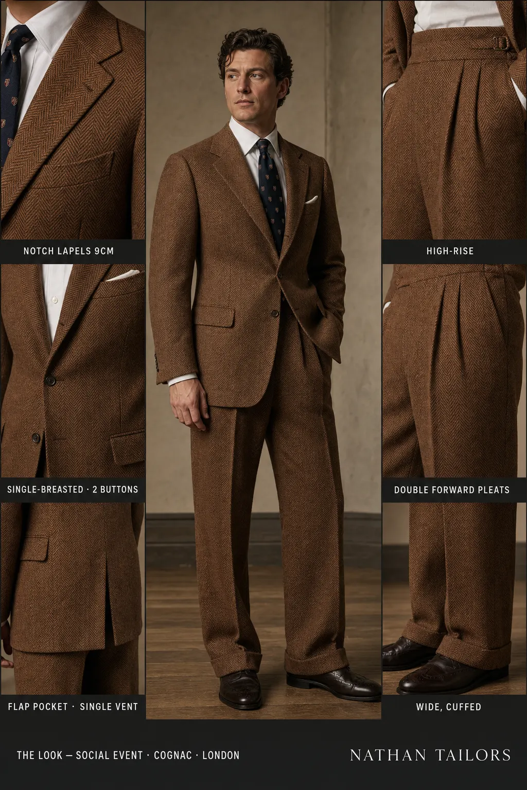 cognac single-breasted notch-lapel bespoke suit — AI-rendered by Nathan Tailors, the Hoi An custom tailor. Available as a custom tailored suit from $149.