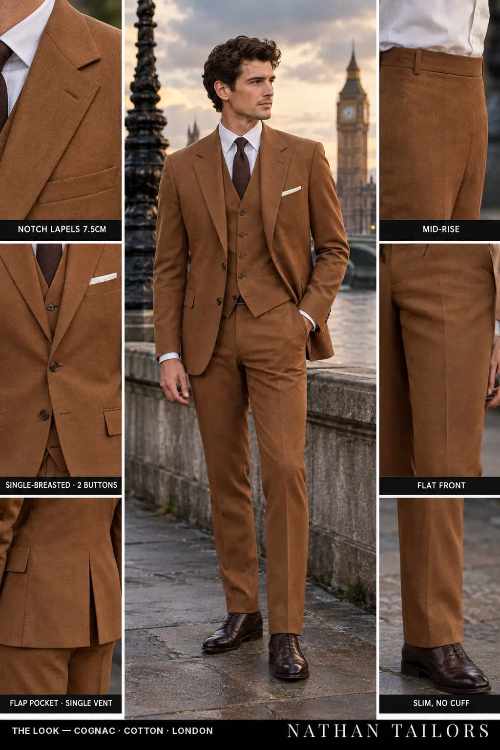 cognac single-breasted notch-lapel bespoke suit โ AI-rendered by Nathan Tailors, the Hoi An custom tailor. Available as a custom tailored suit from $149.