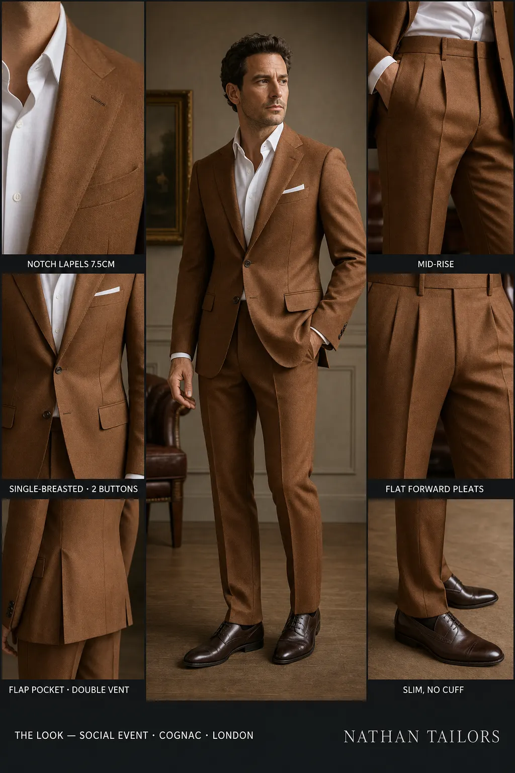cognac single-breasted notch-lapel bespoke suit — AI-rendered by Nathan Tailors, the Hoi An custom tailor. Available as a custom tailored suit from $149.