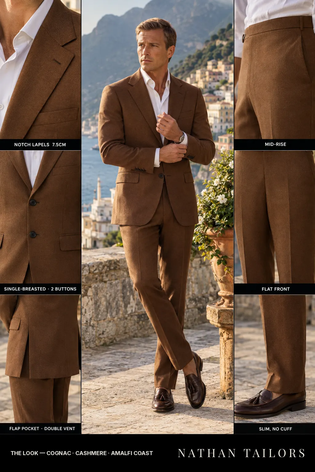 cognac single-breasted bespoke suit โ custom tailored by Nathan Tailors, the Hoi An custom tailor