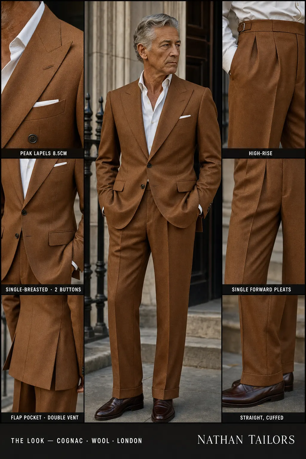 cognac single-breasted peak-lapel bespoke suit โ AI-rendered by Nathan Tailors, the Hoi An custom tailor. Available as a custom tailored suit from $149.
