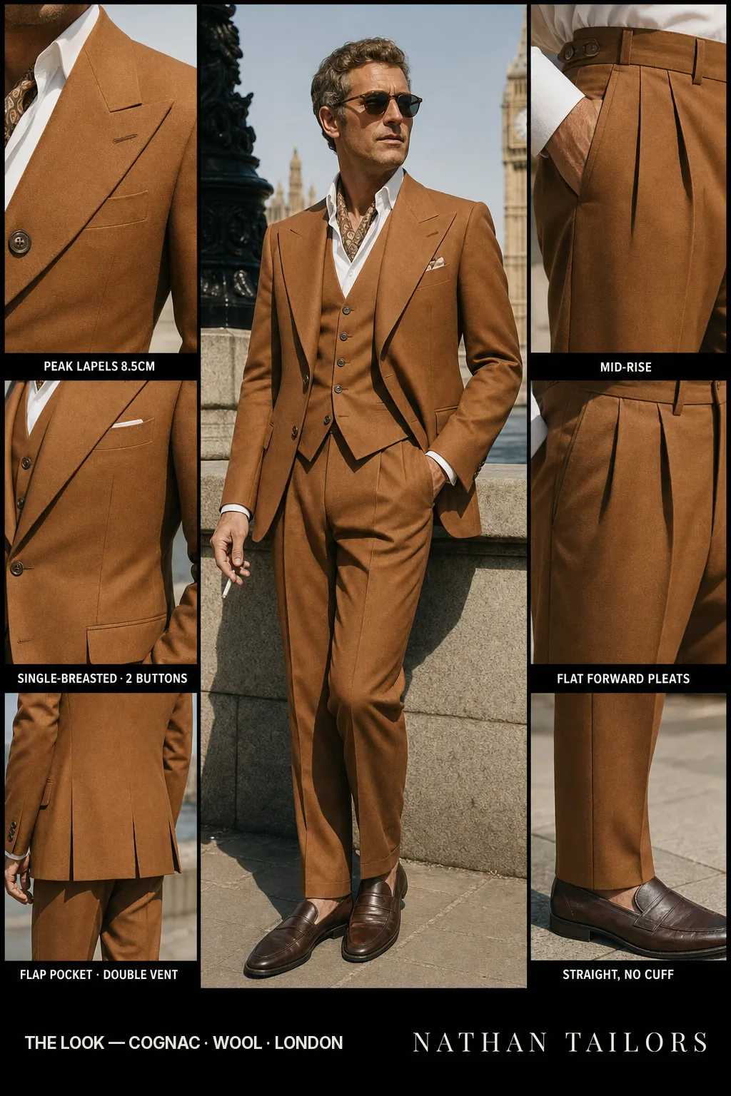 cognac single-breasted peak-lapel bespoke suit — AI-rendered by Nathan Tailors, the Hoi An custom tailor. Available as a custom tailored suit from $149.