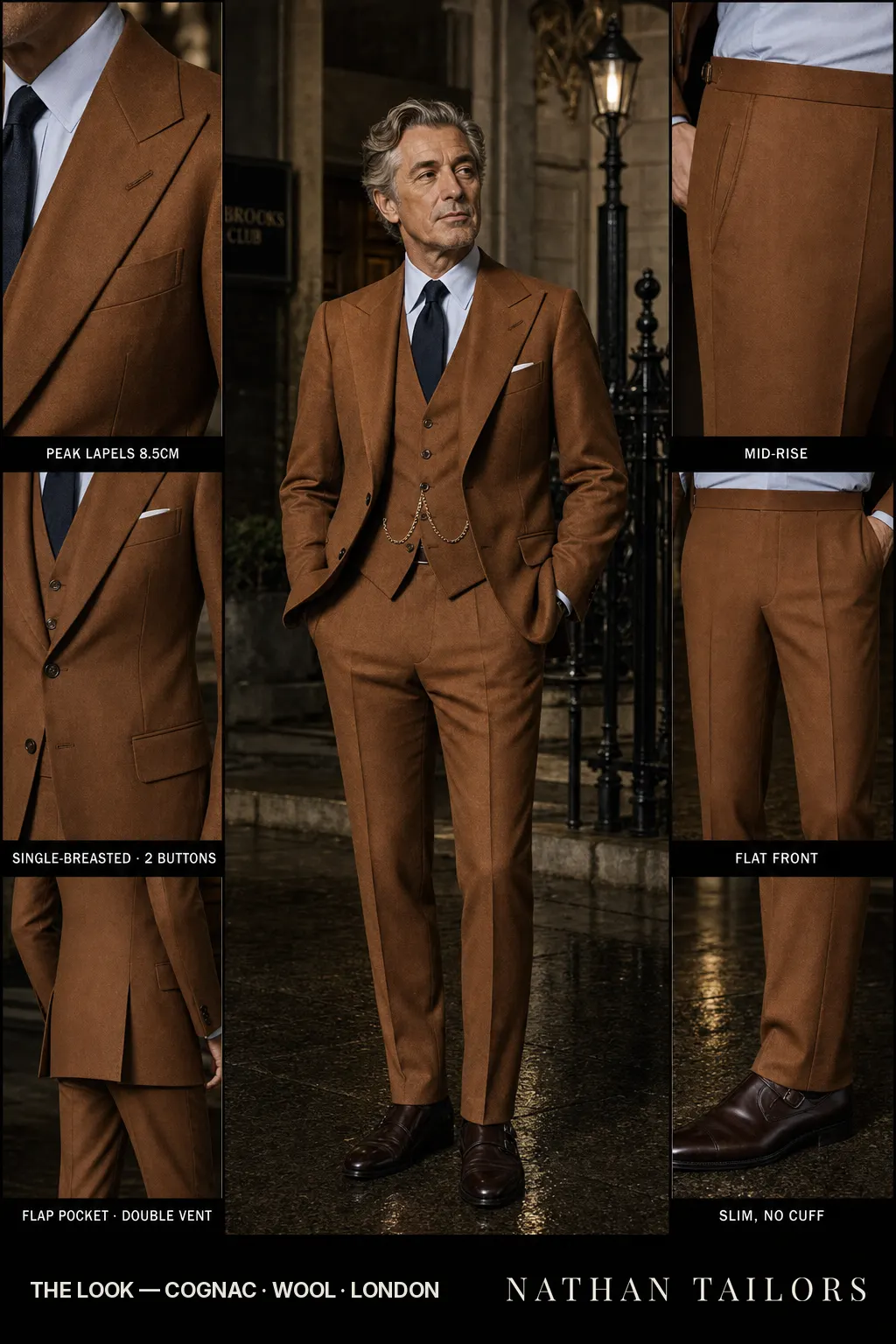 cognac single-breasted peak-lapel bespoke suit — AI-rendered by Nathan Tailors, the Hoi An custom tailor. Available as a custom tailored suit from $169.