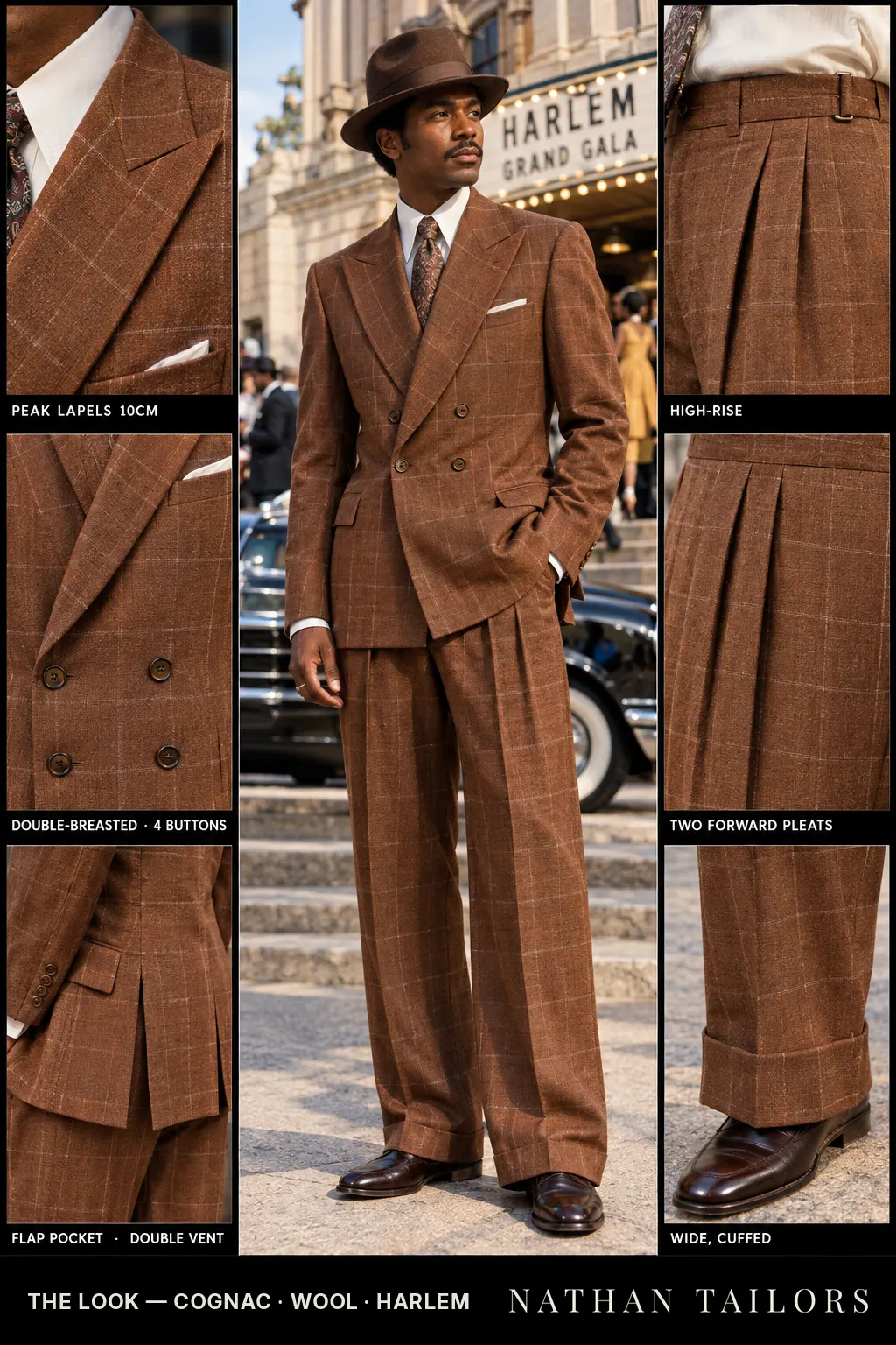 cognac windowpane double-breasted bespoke suit โ custom tailored by Nathan Tailors, the Hoi An custom tailor
