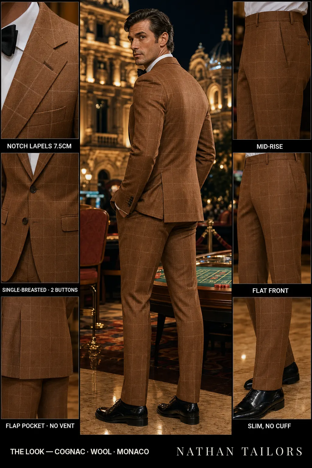 cognac windowpane single-breasted notch-lapel bespoke suit — AI-rendered by Nathan Tailors, the Hoi An custom tailor. Available as a custom tailored suit from $149.