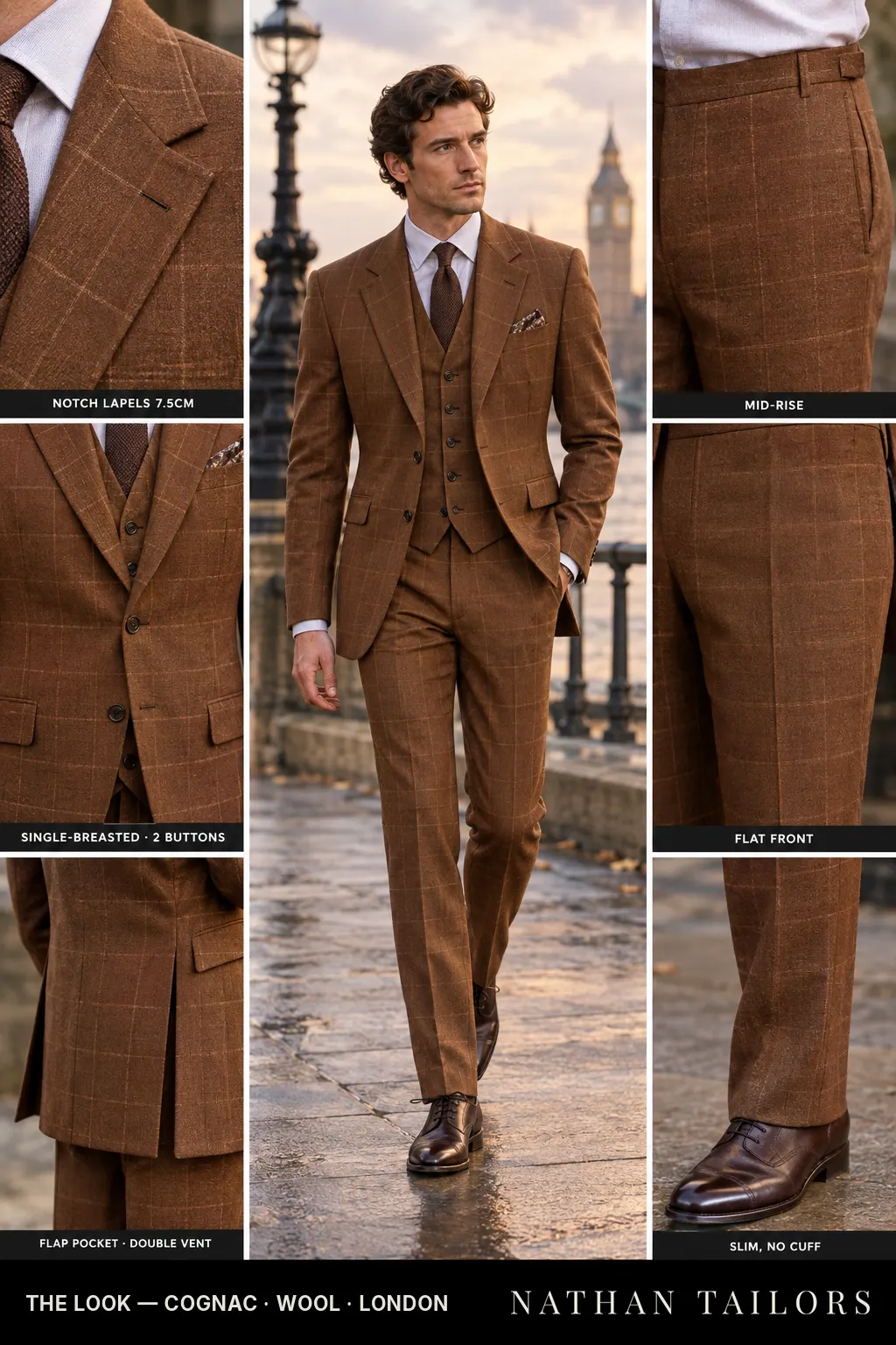 cognac windowpane single-breasted bespoke suit — custom tailored by Nathan Tailors, the Hoi An custom tailor