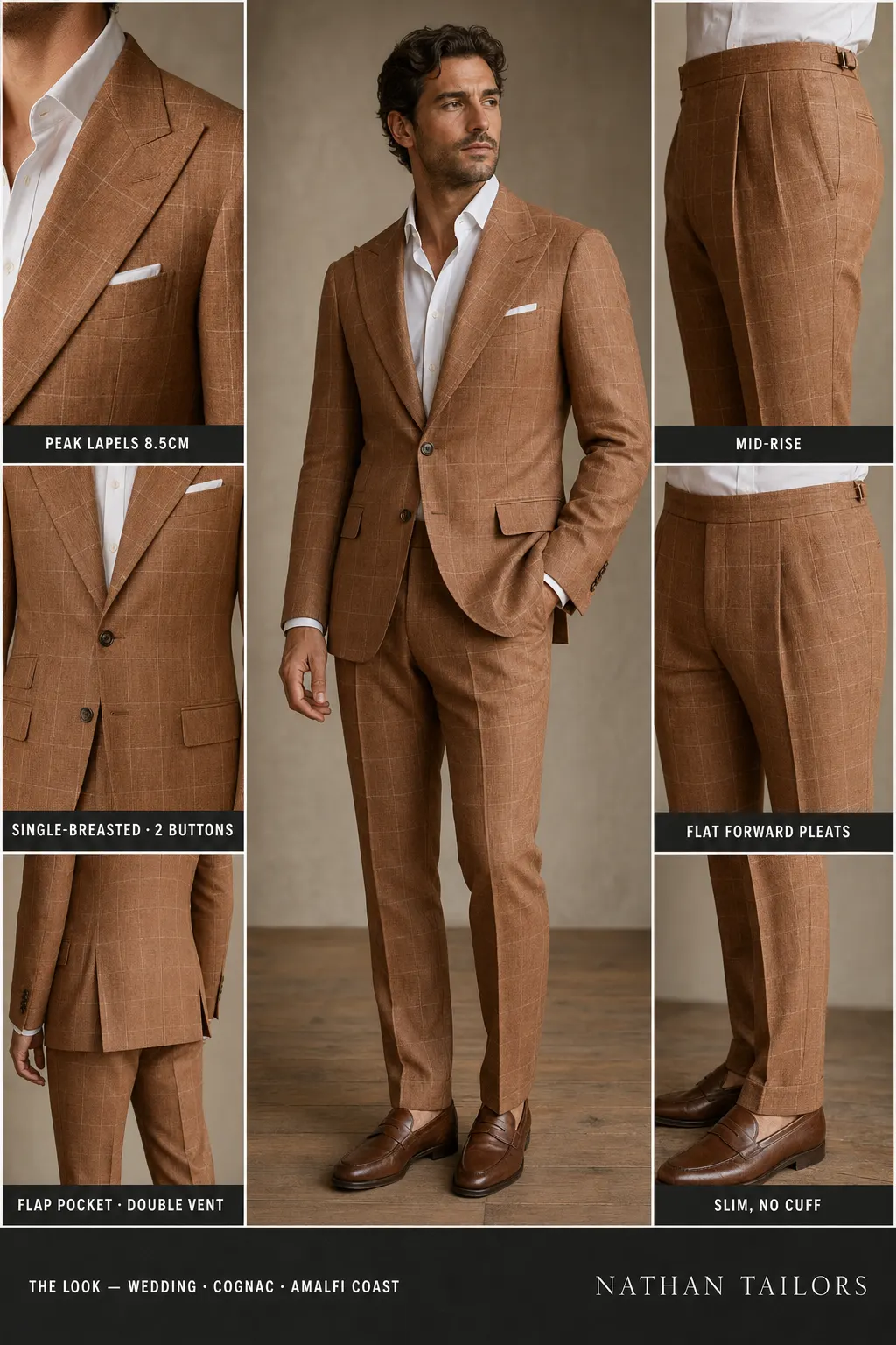 cognac windowpane single-breasted peak-lapel bespoke suit โ AI-rendered by Nathan Tailors, the Hoi An custom tailor. Available as a custom tailored suit from $149.