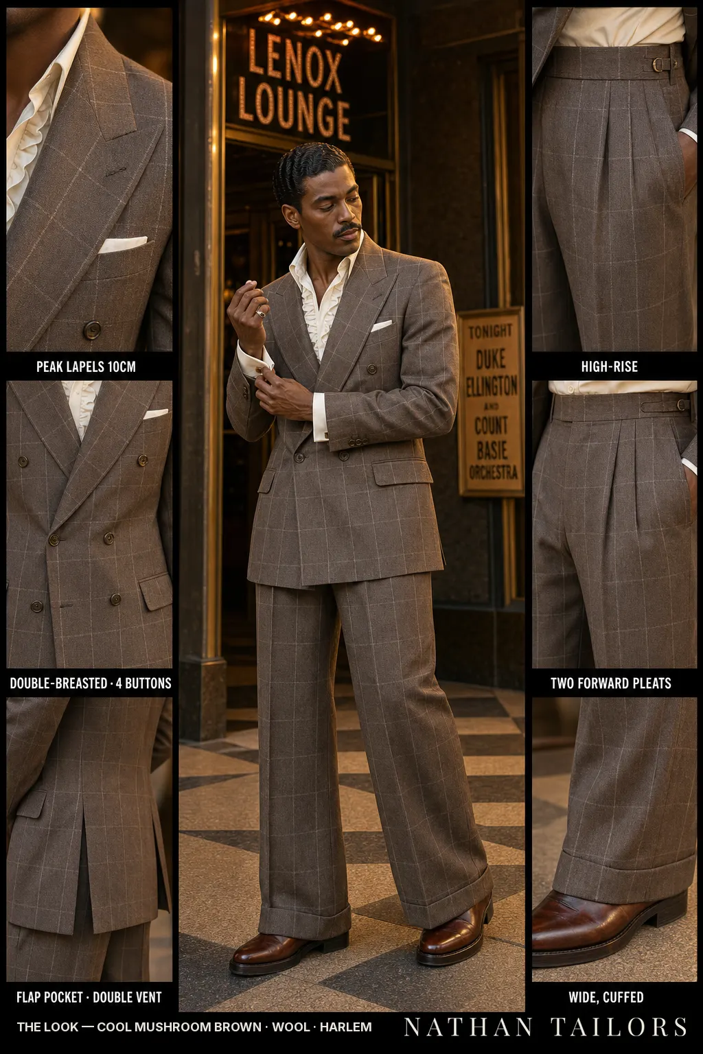 cool mushroom brown windowpane double-breasted peak-lapel bespoke suit — AI-rendered by Nathan Tailors, the Hoi An custom tailor. Available as a custom tailored suit from $149.