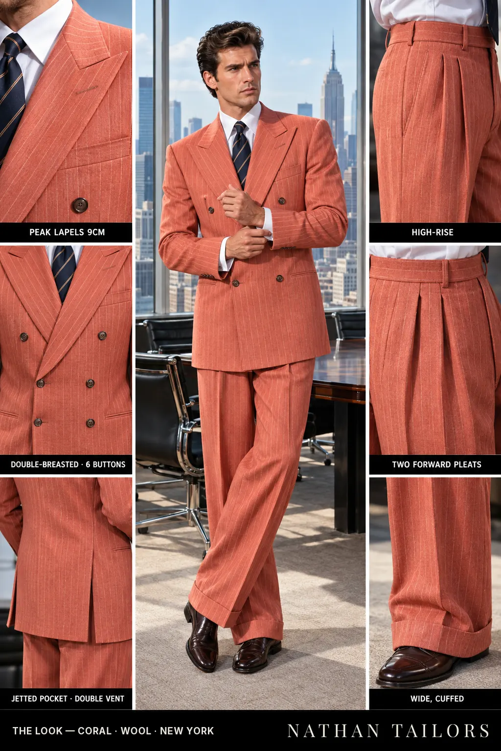 coral chalk stripe double-breasted peak-lapel bespoke suit โ AI-rendered by Nathan Tailors, the Hoi An custom tailor. Available as a custom tailored suit from $149.