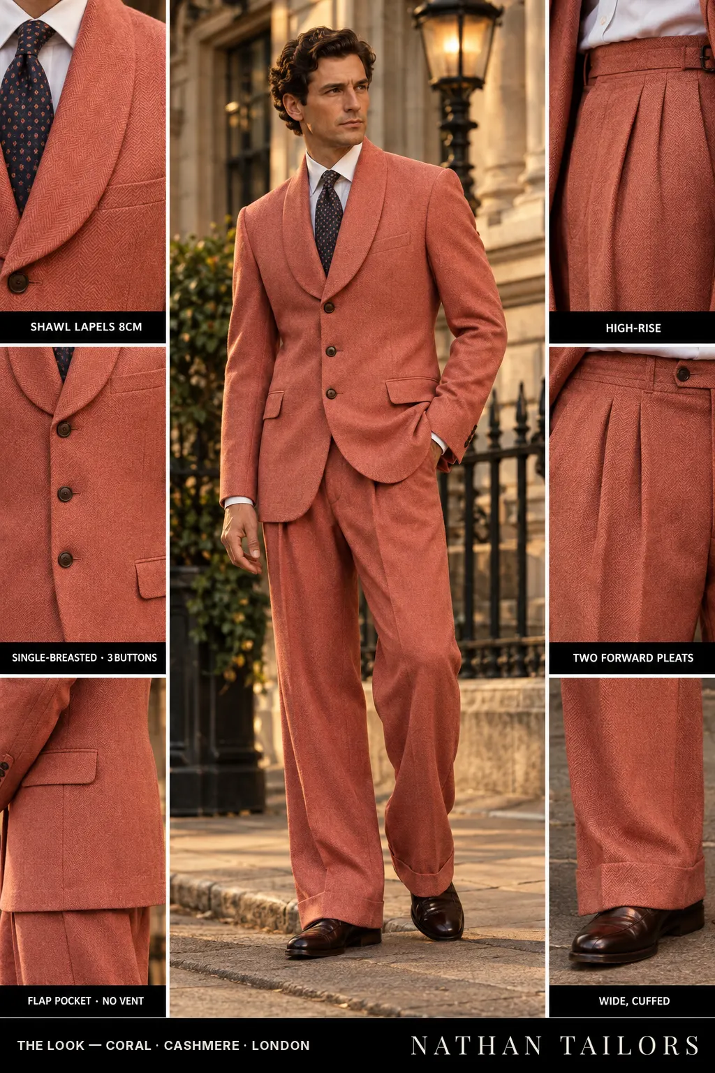 coral herringbone single-breasted bespoke suit โ custom tailored by Nathan Tailors, the Hoi An custom tailor
