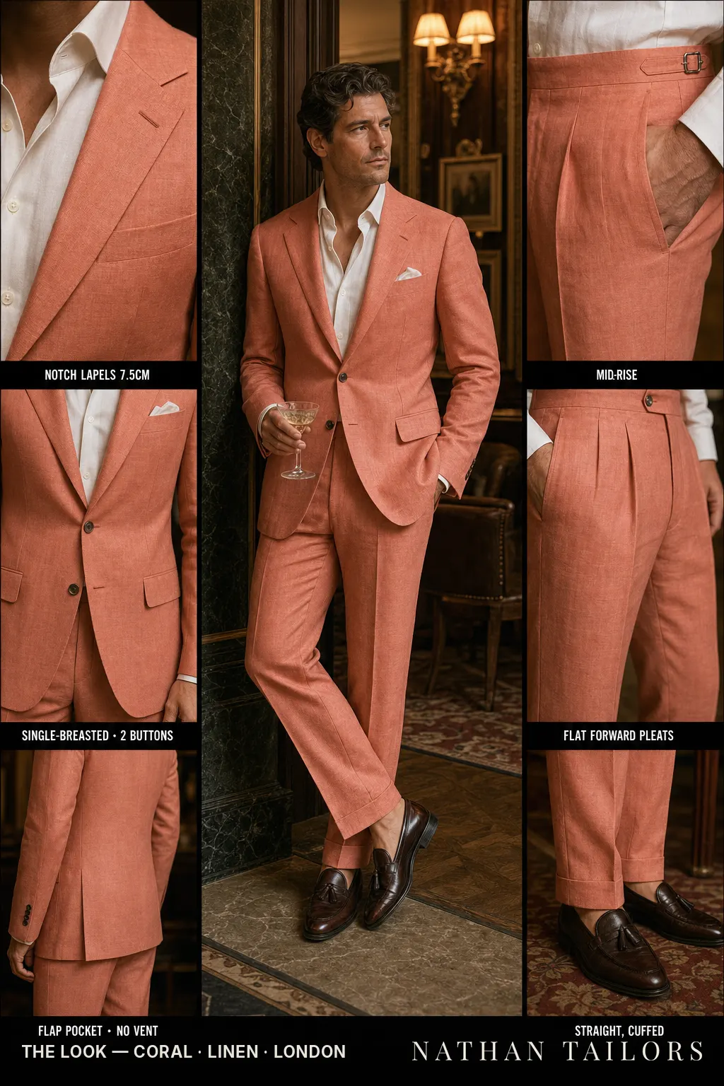 coral single-breasted notch-lapel bespoke suit โ AI-rendered by Nathan Tailors, the Hoi An custom tailor. Available as a custom tailored suit from $149.